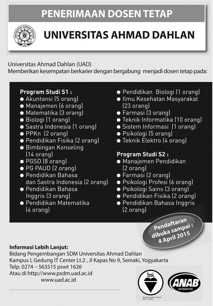 Iklan lowongan dosen tetap uad